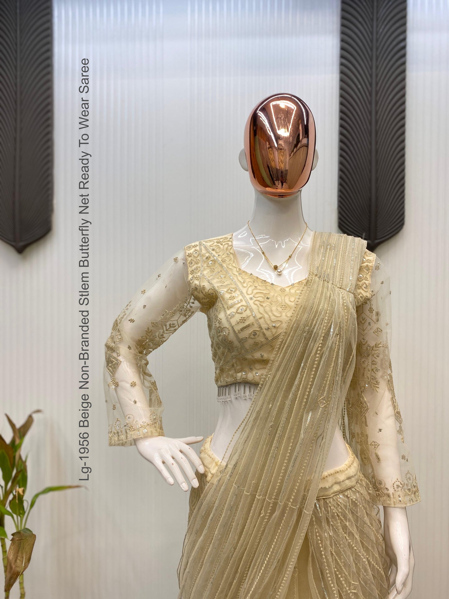 Lg-1956 Beige Non-Branded Stlem Butterfly Net Ready To Wear Saree