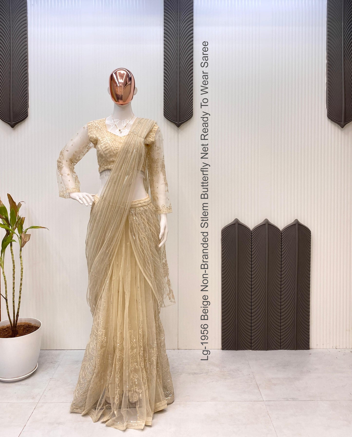 Lg-1956 Beige Non-Branded Stlem Butterfly Net Ready To Wear Saree