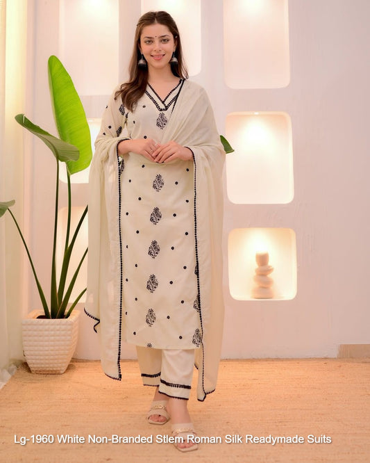 Lg-1960 White Non-Branded Stlem Roman Silk Readymade Suits