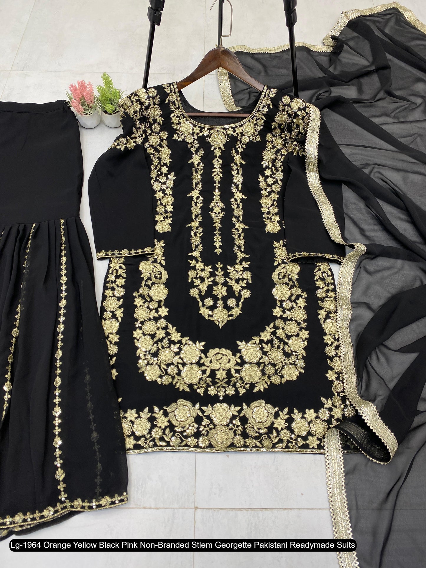 Lg-1964 Orange Yellow Black Pink Non-Branded Stlem Georgette Pakistani Readymade Suits
