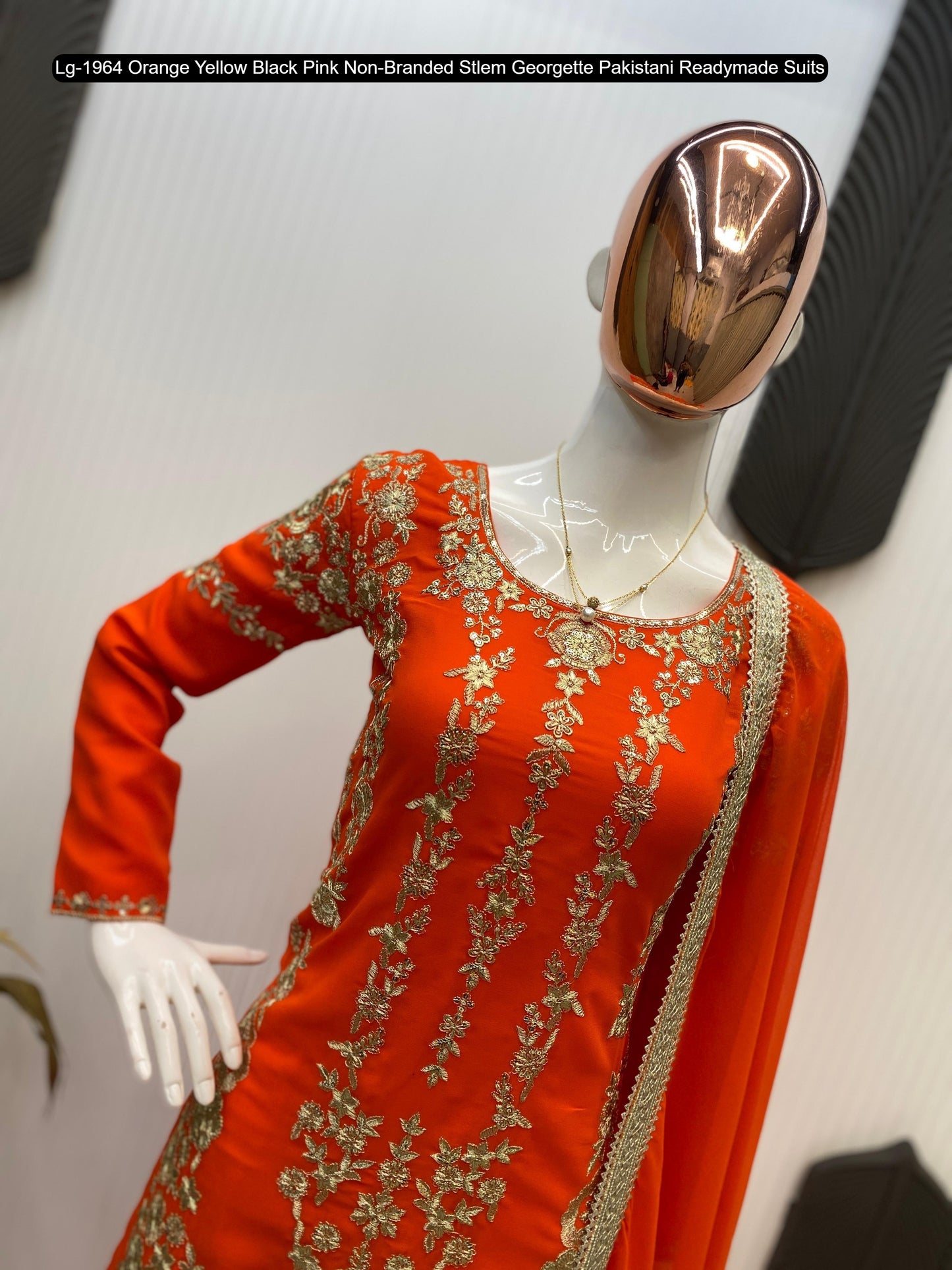 Lg-1964 Orange Yellow Black Pink Non-Branded Stlem Georgette Pakistani Readymade Suits