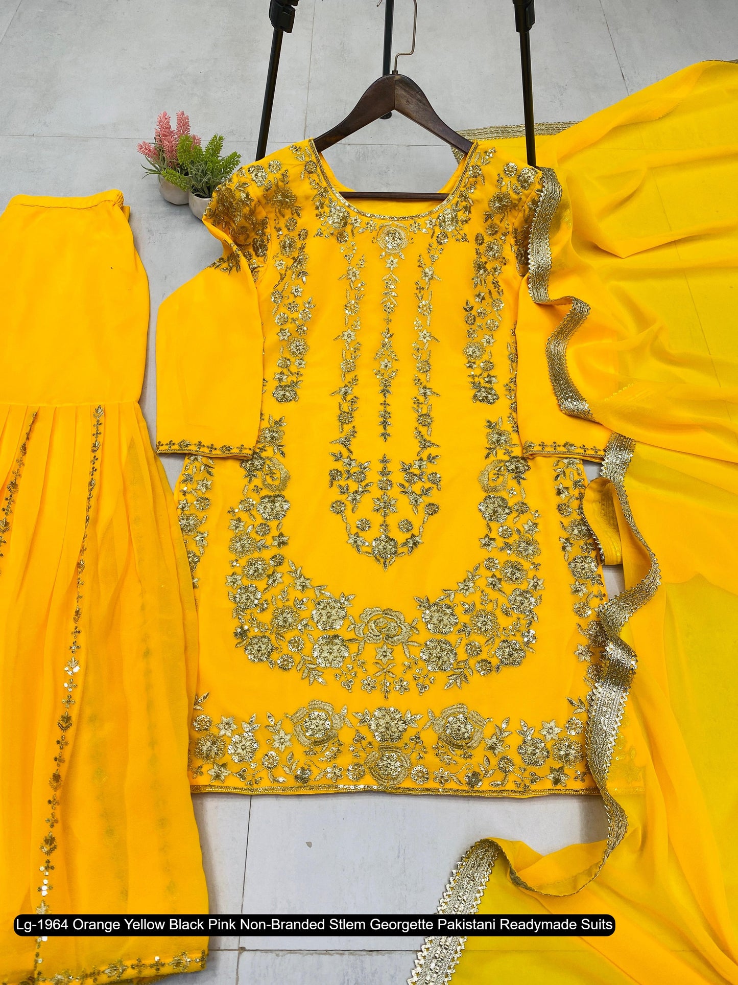 Lg-1964 Orange Yellow Black Pink Non-Branded Stlem Georgette Pakistani Readymade Suits