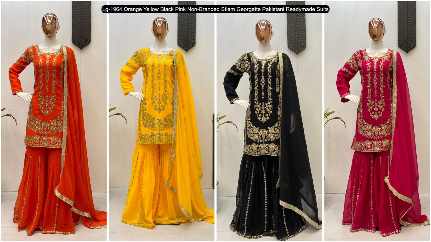 Lg-1964 Orange Yellow Black Pink Non-Branded Stlem Georgette Pakistani Readymade Suits