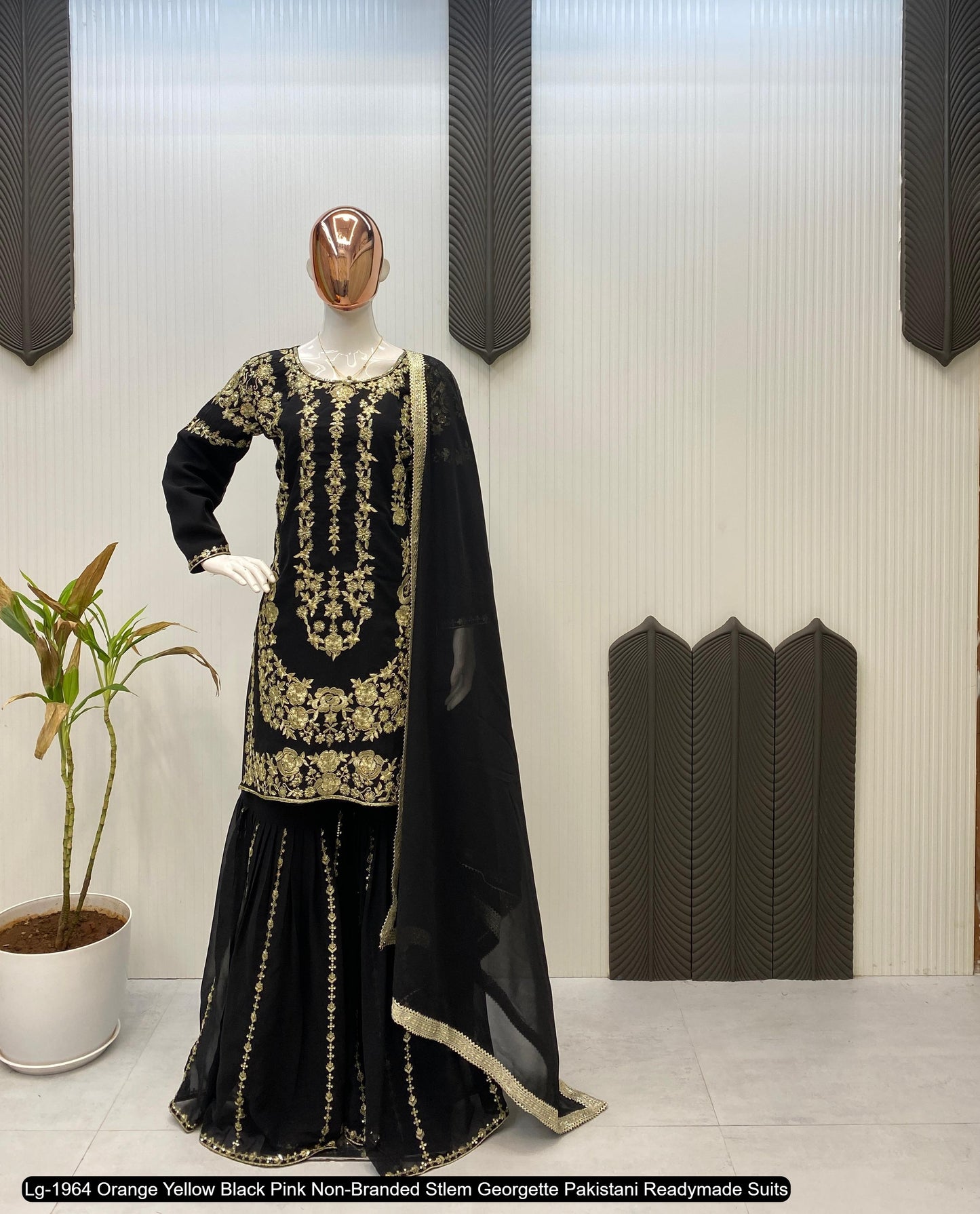 Lg-1964 Orange Yellow Black Pink Non-Branded Stlem Georgette Pakistani Readymade Suits