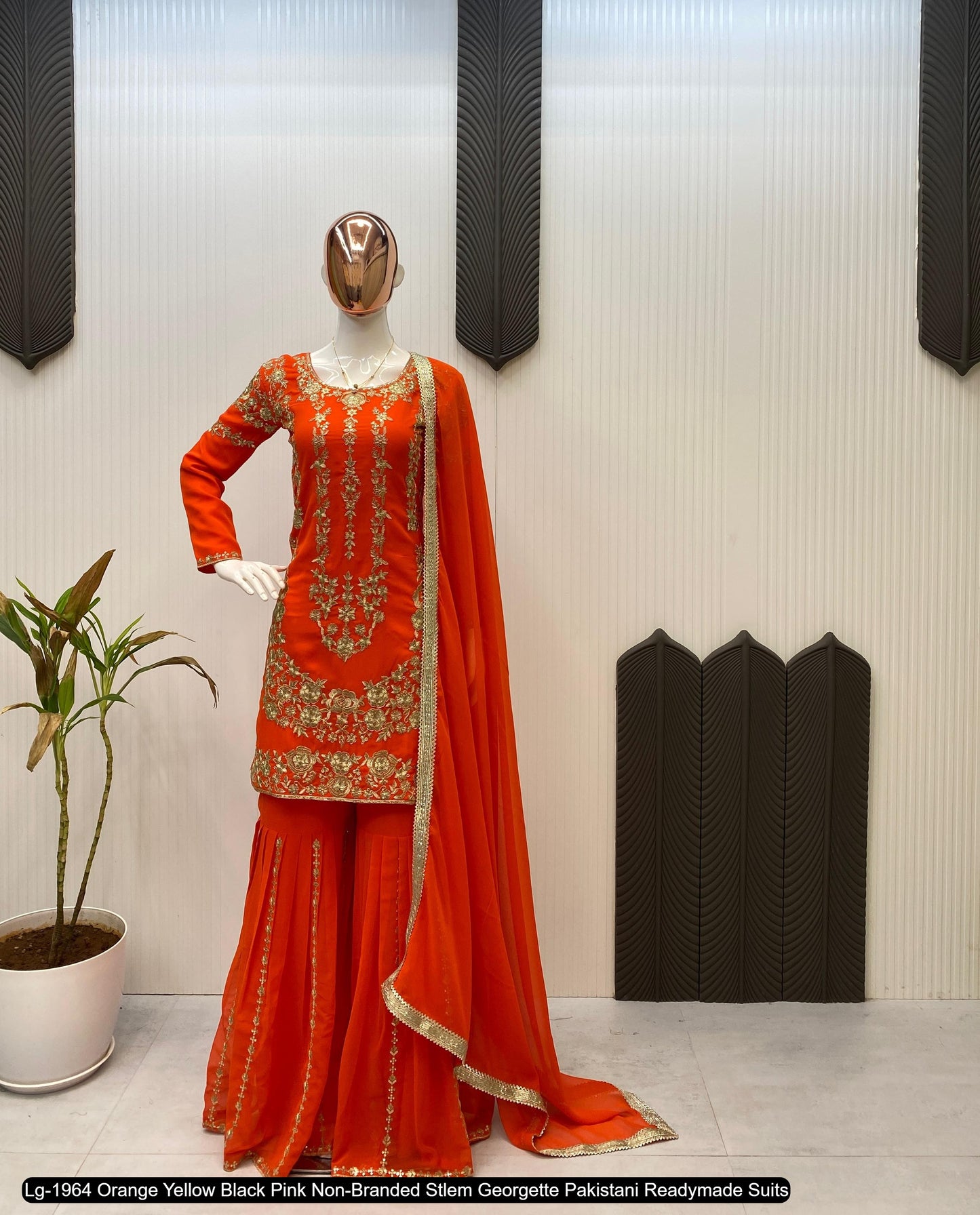 Lg-1964 Orange Yellow Black Pink Non-Branded Stlem Georgette Pakistani Readymade Suits