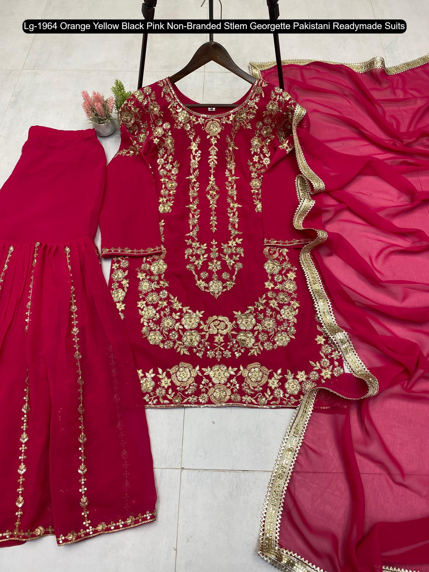 Lg-1964 Orange Yellow Black Pink Non-Branded Stlem Georgette Pakistani Readymade Suits