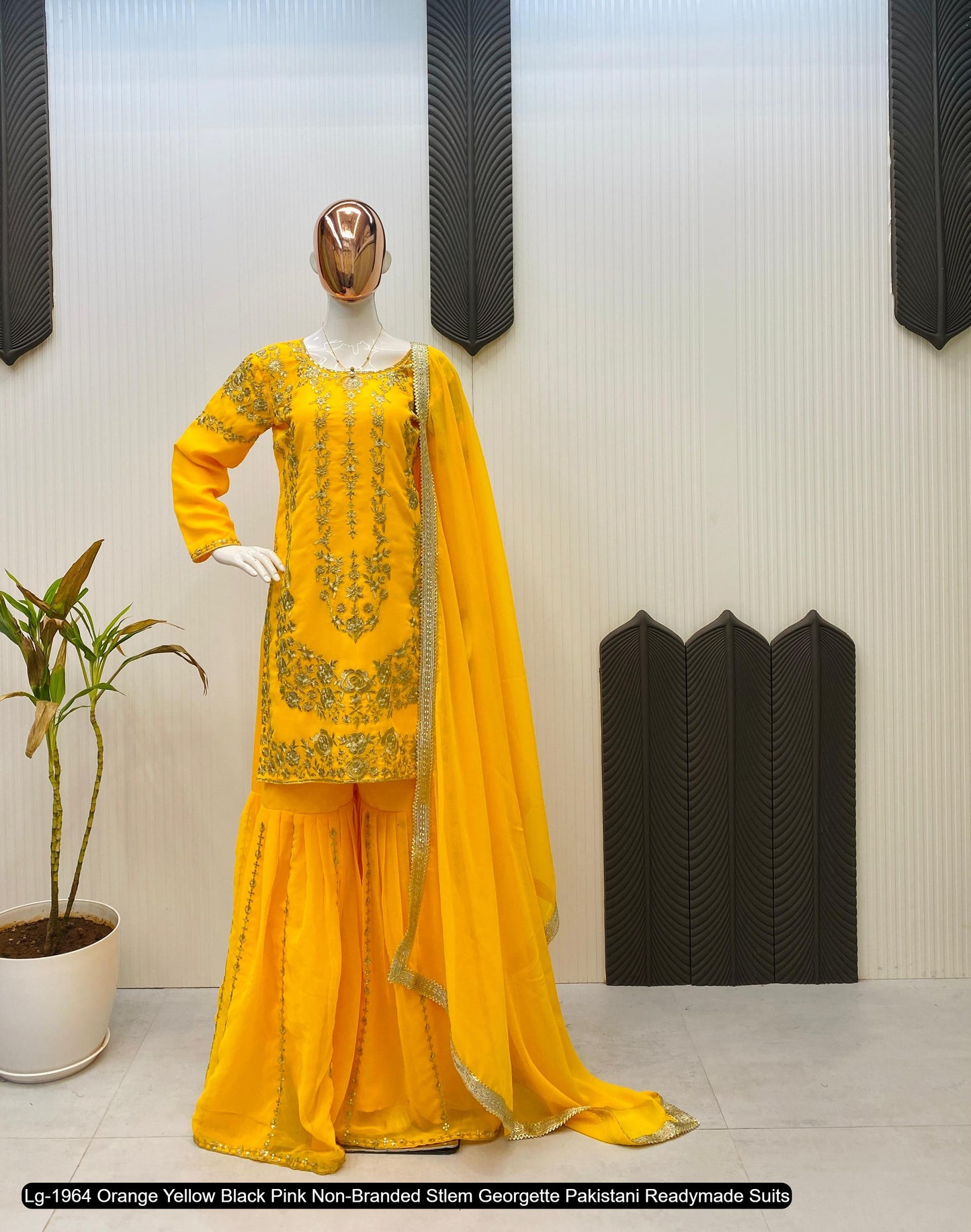 Lg-1964 Orange Yellow Black Pink Non-Branded Stlem Georgette Pakistani Readymade Suits