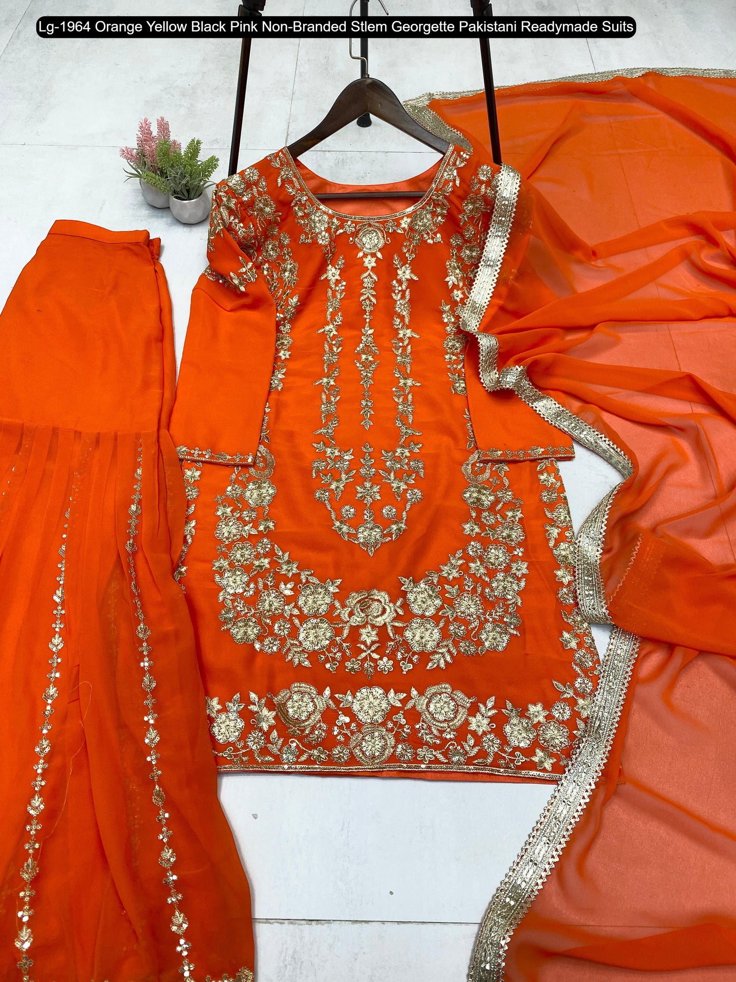 Lg-1964 Orange Yellow Black Pink Non-Branded Stlem Georgette Pakistani Readymade Suits
