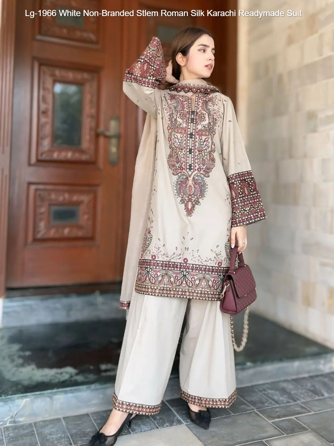 Lg-1966 White Non-Branded Stlem Roman Silk Karachi Readymade Suit