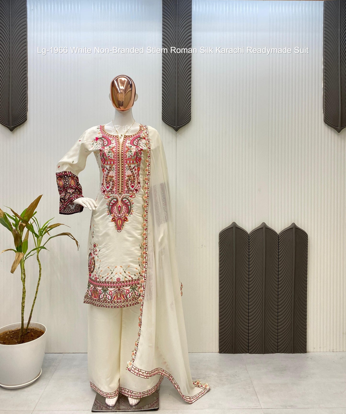 Lg-1966 White Non-Branded Stlem Roman Silk Karachi Readymade Suit