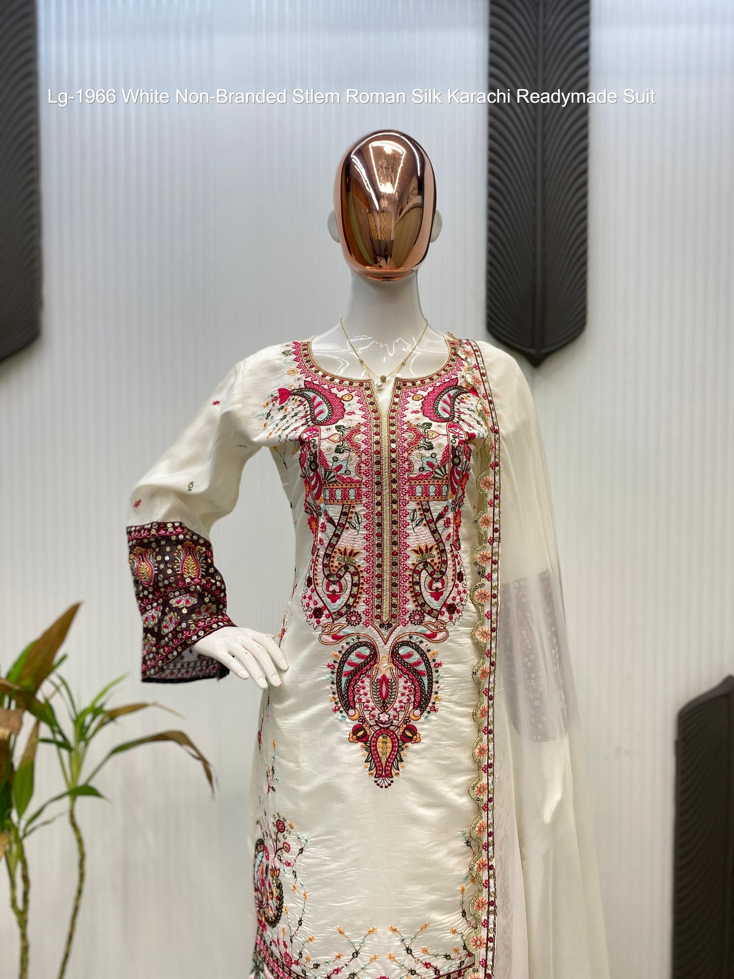 Lg-1966 White Non-Branded Stlem Roman Silk Karachi Readymade Suit