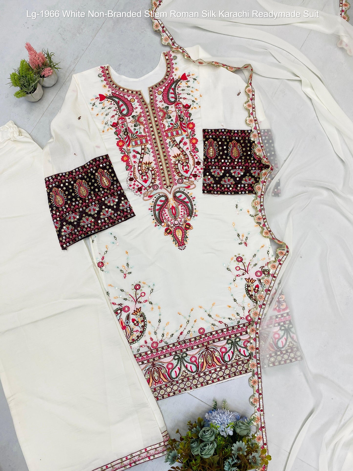 Lg-1966 White Non-Branded Stlem Roman Silk Karachi Readymade Suit