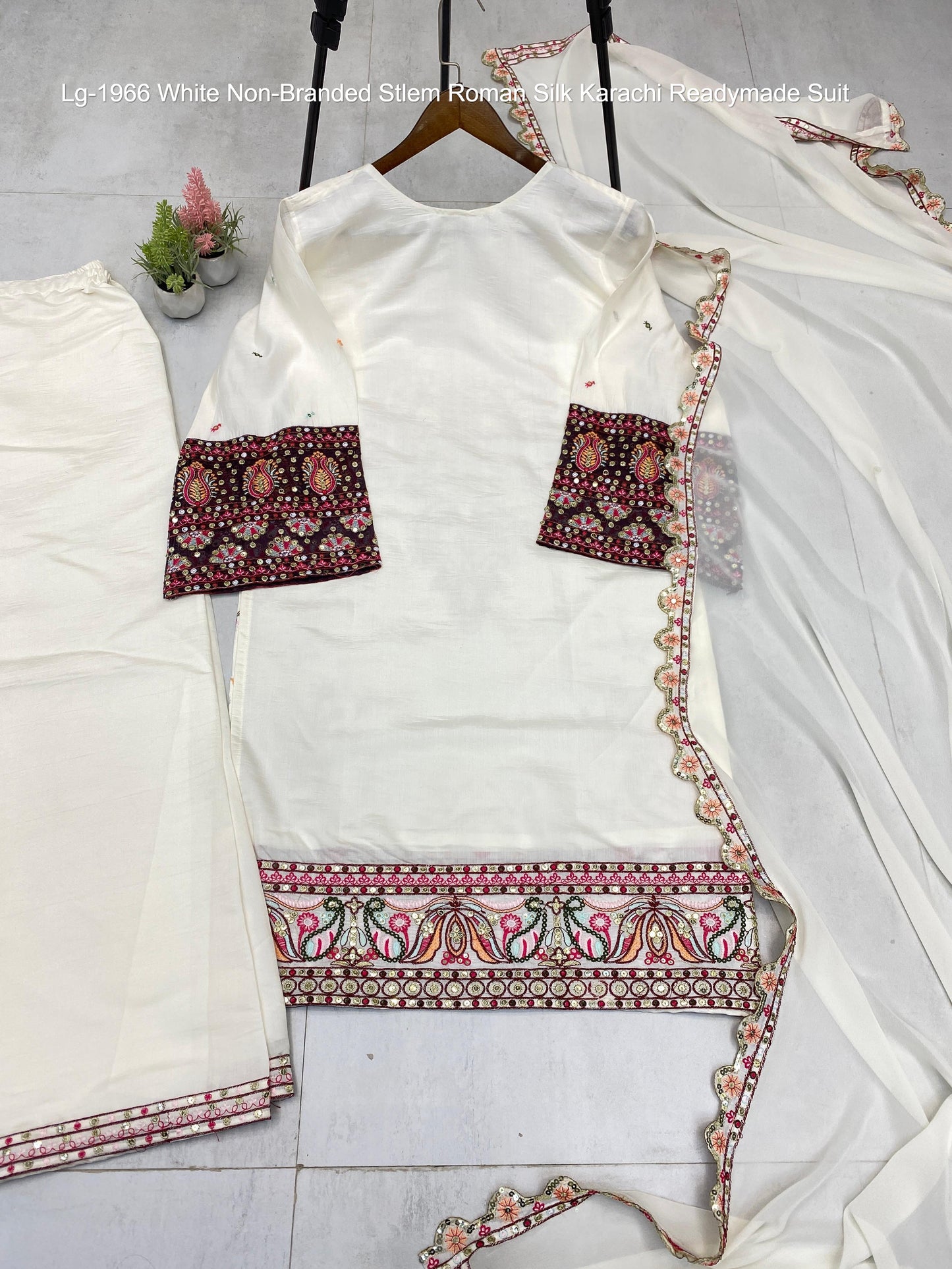Lg-1966 White Non-Branded Stlem Roman Silk Karachi Readymade Suit