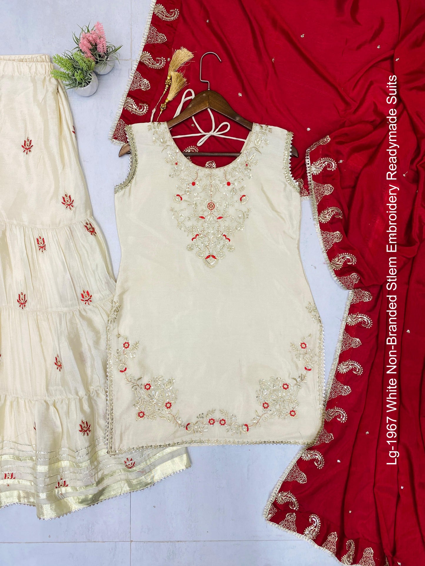Lg-1967 White Non-Branded Stlem Embroidery Readymade Suits