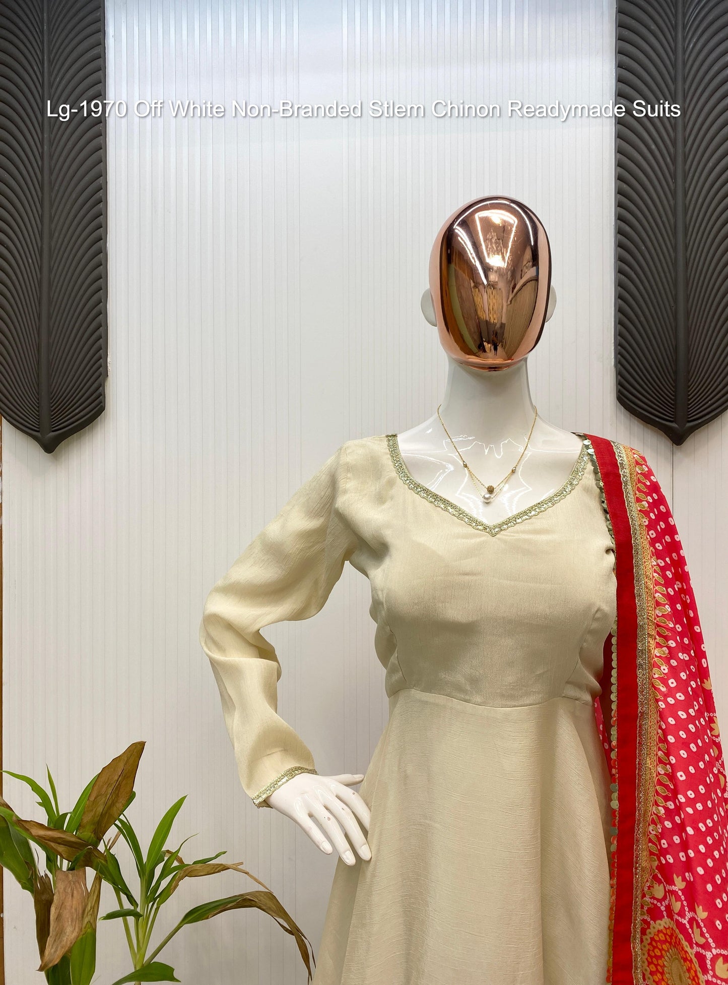 Lg-1970 Off White Non-Branded Stlem Chinon Readymade Suits
