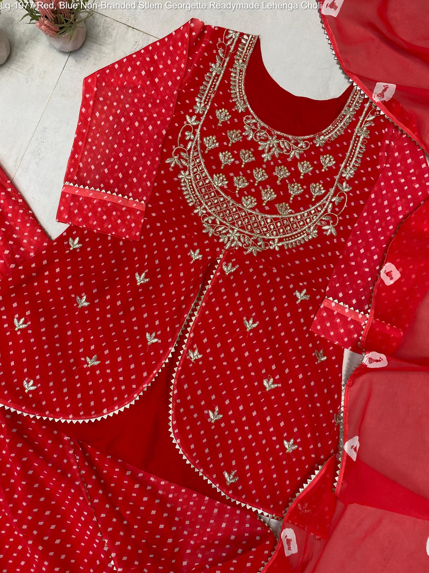 Lg-1977 Red, Blue Non-Branded Stlem Georgette Readymade Lehenga Choli