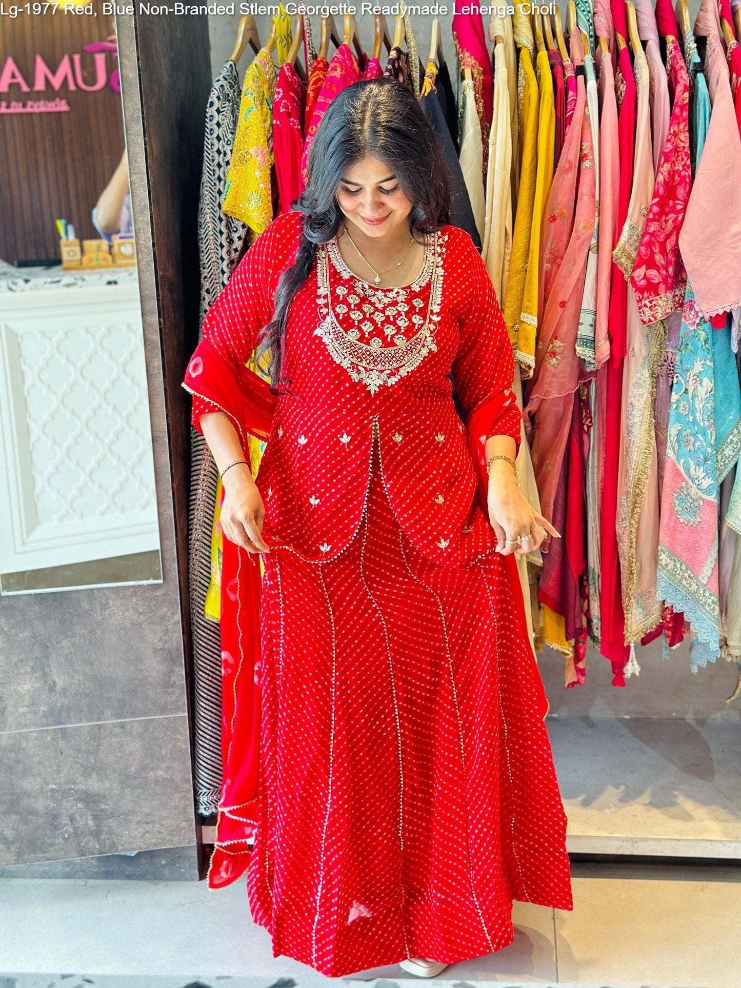 Lg-1977 Red, Blue Non-Branded Stlem Georgette Readymade Lehenga Choli