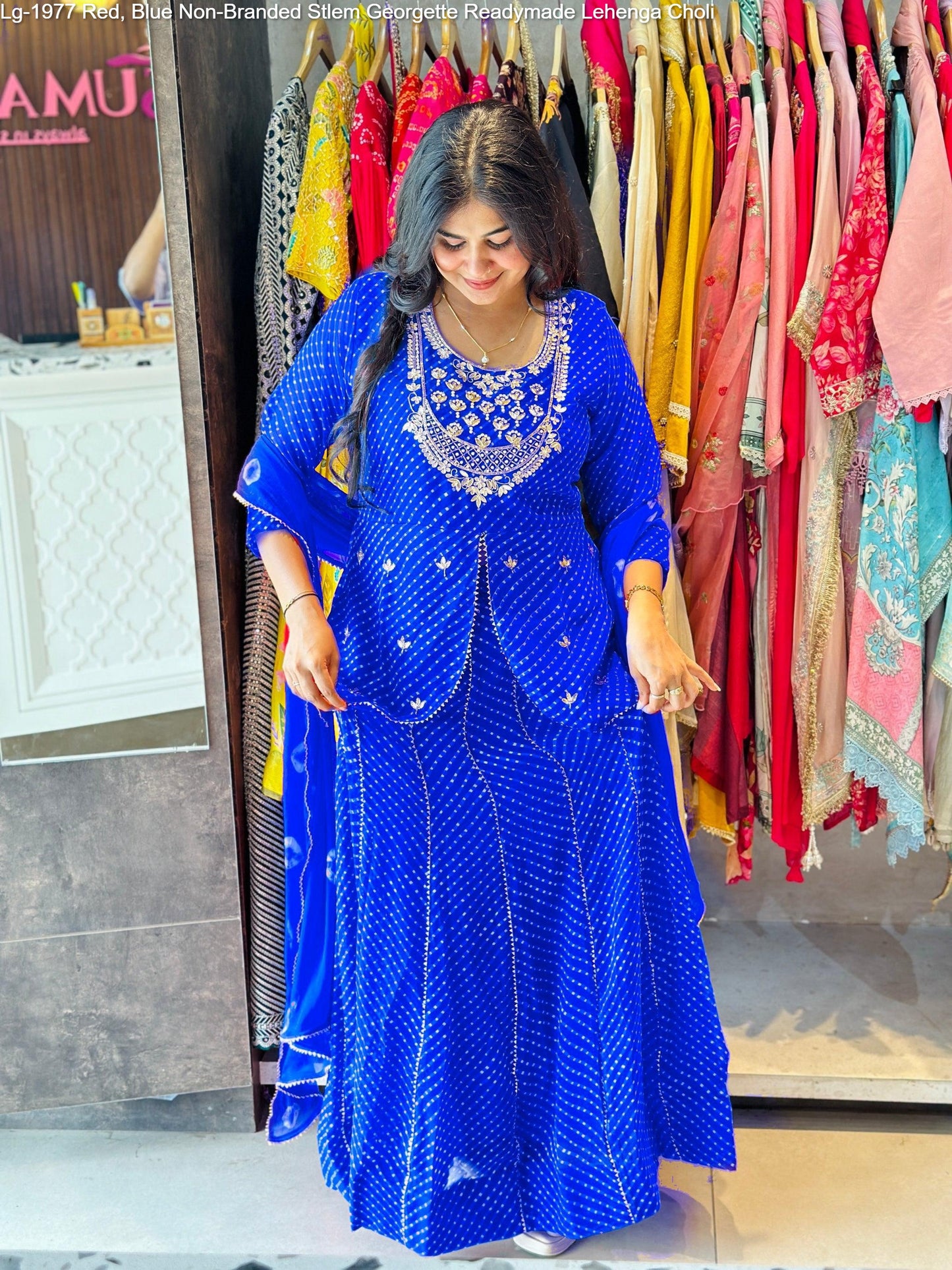Lg-1977 Red, Blue Non-Branded Stlem Georgette Readymade Lehenga Choli