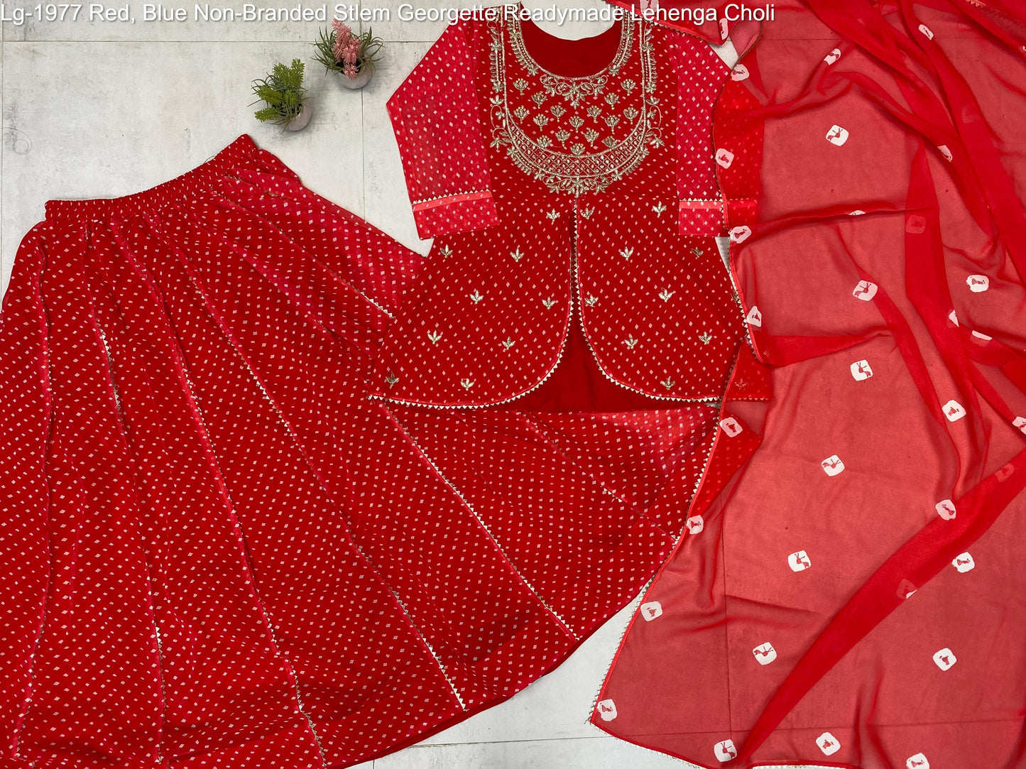 Lg-1977 Red, Blue Non-Branded Stlem Georgette Readymade Lehenga Choli