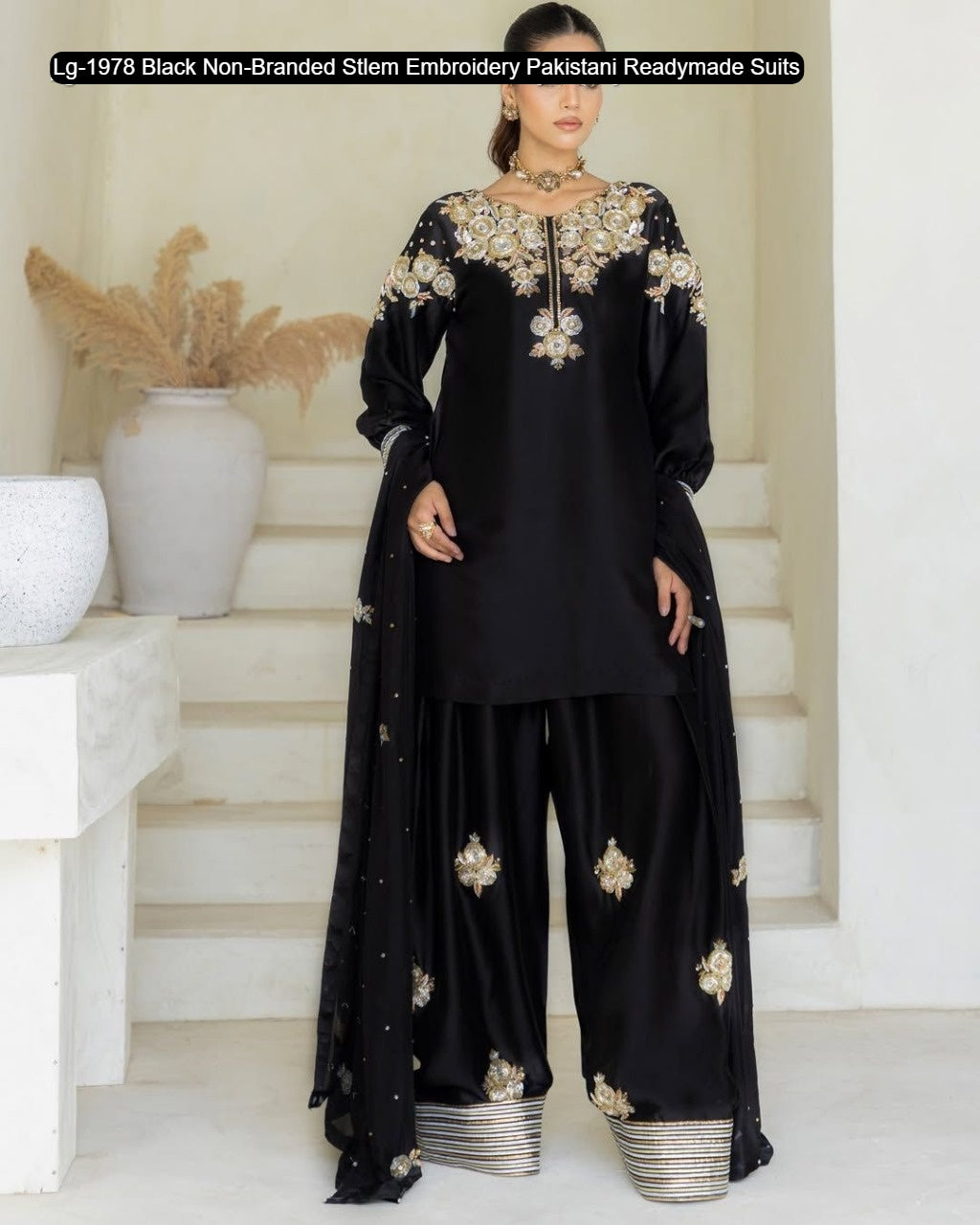 Lg-1978 Black Non-Branded Stlem Embroidery Pakistani Readymade Suits