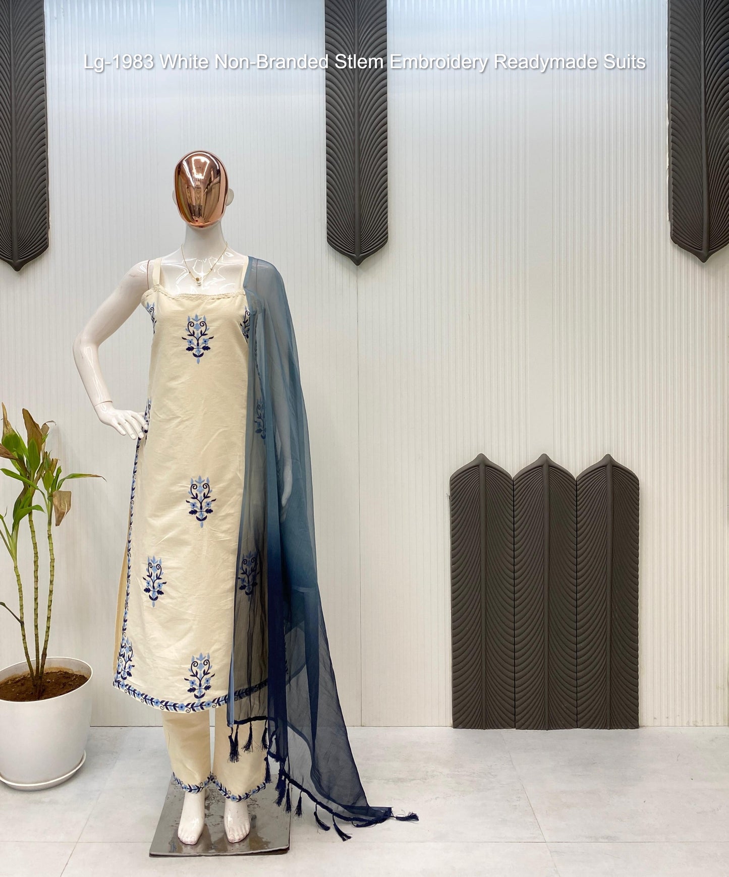 Lg-1983 White Non-Branded Stlem Embroidery Readymade Suits