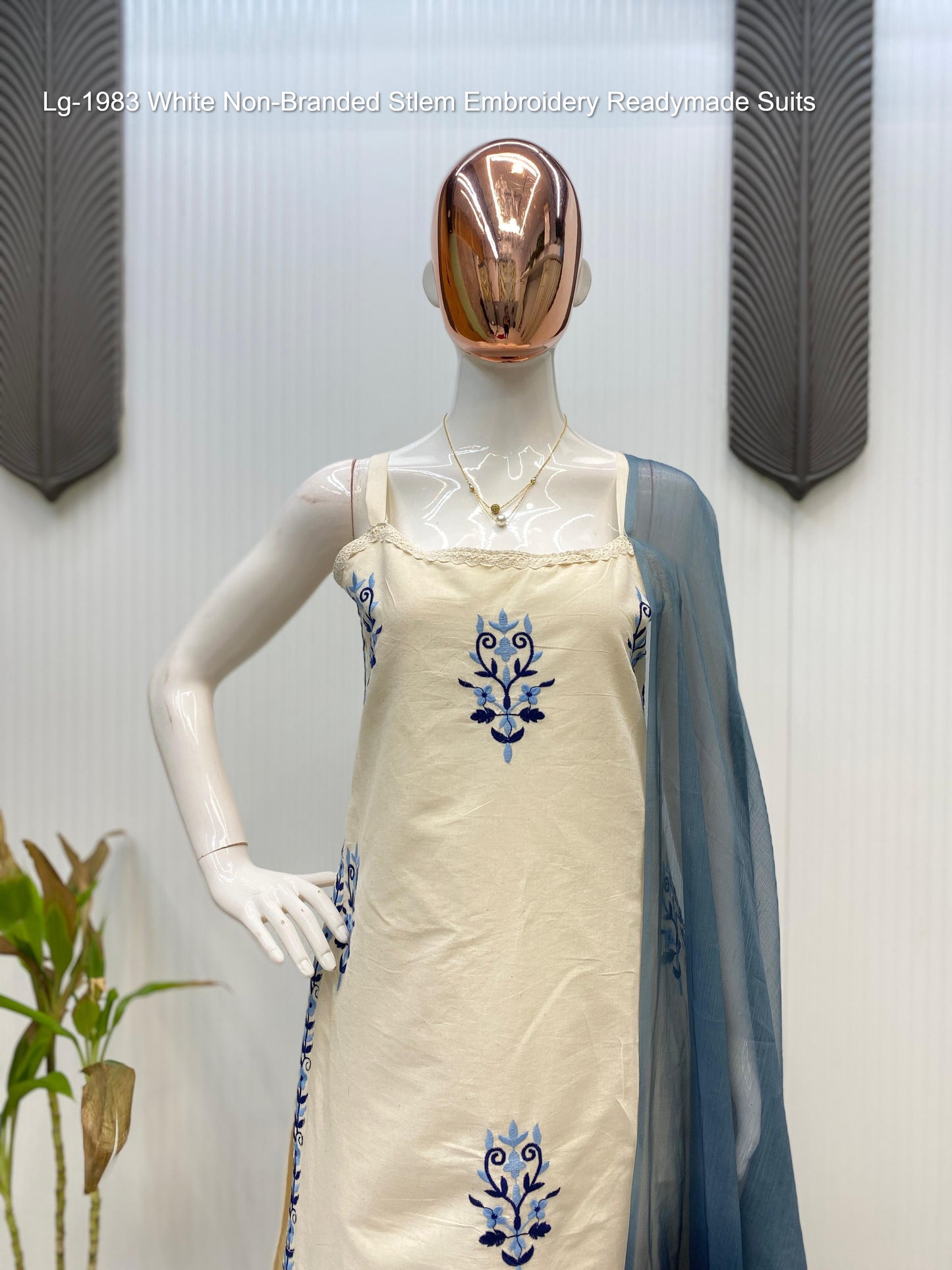 Lg-1983 White Non-Branded Stlem Embroidery Readymade Suits