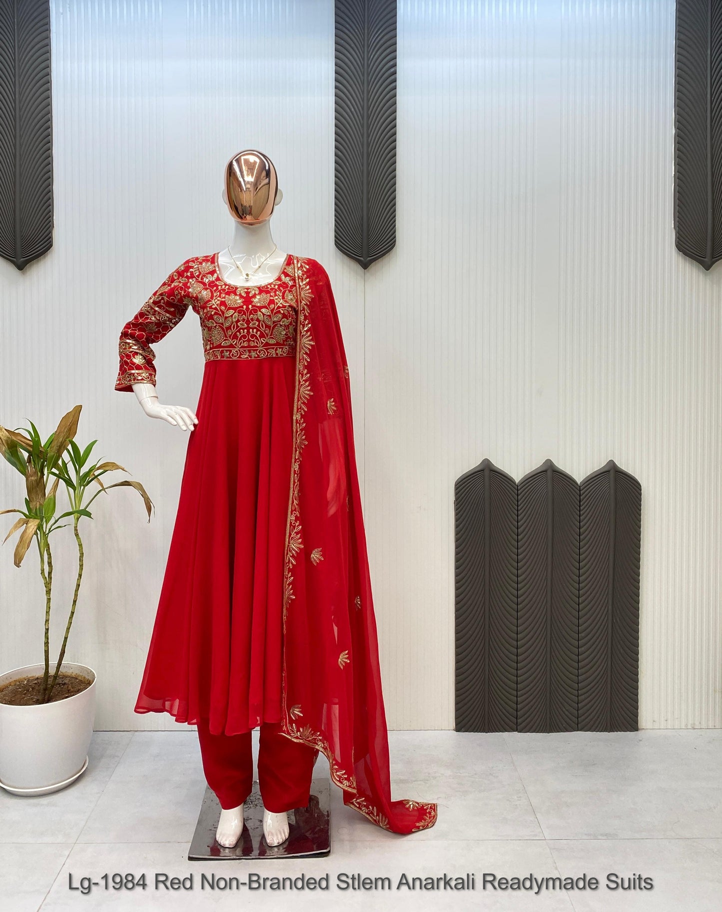 Lg-1984 Red Non-Branded Stlem Anarkali Readymade Suits