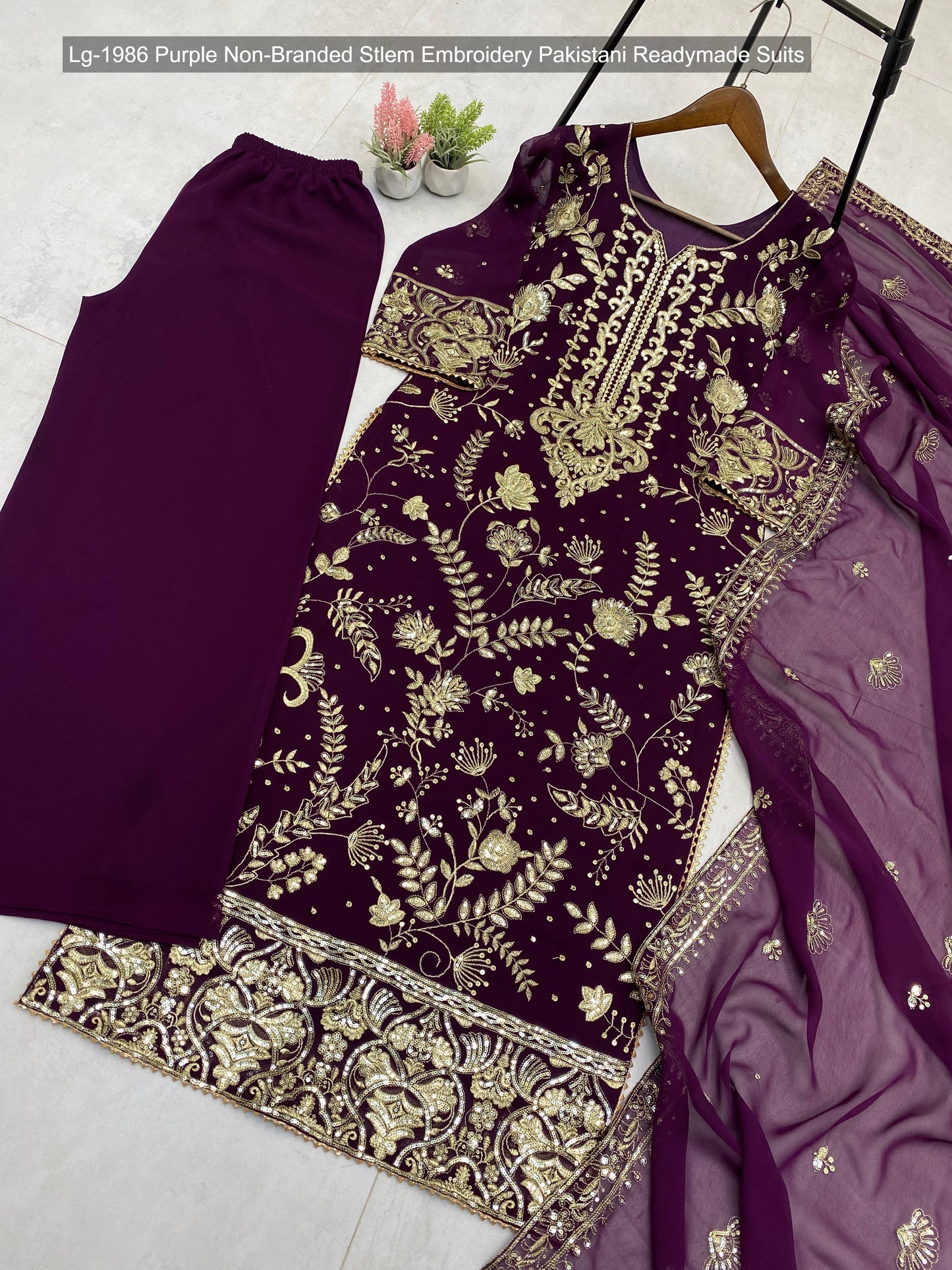 Lg-1986 Purple Non-Branded Stlem Embroidery Pakistani Readymade Suits
