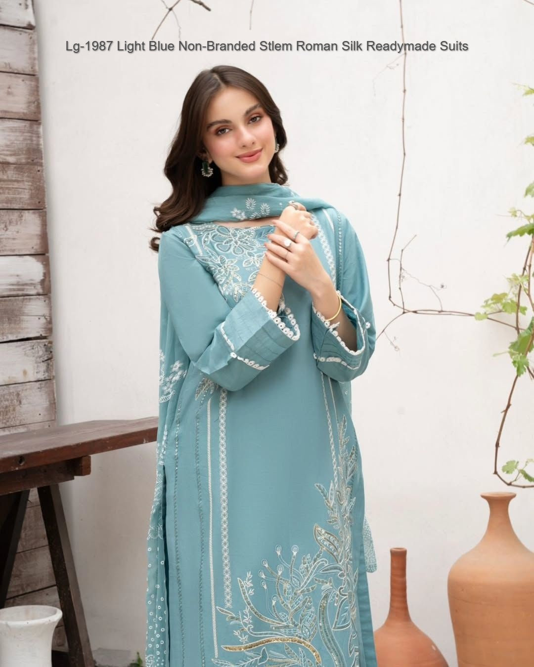 Lg-1987 Light Blue Non-Branded Stlem Roman Silk Readymade Suits