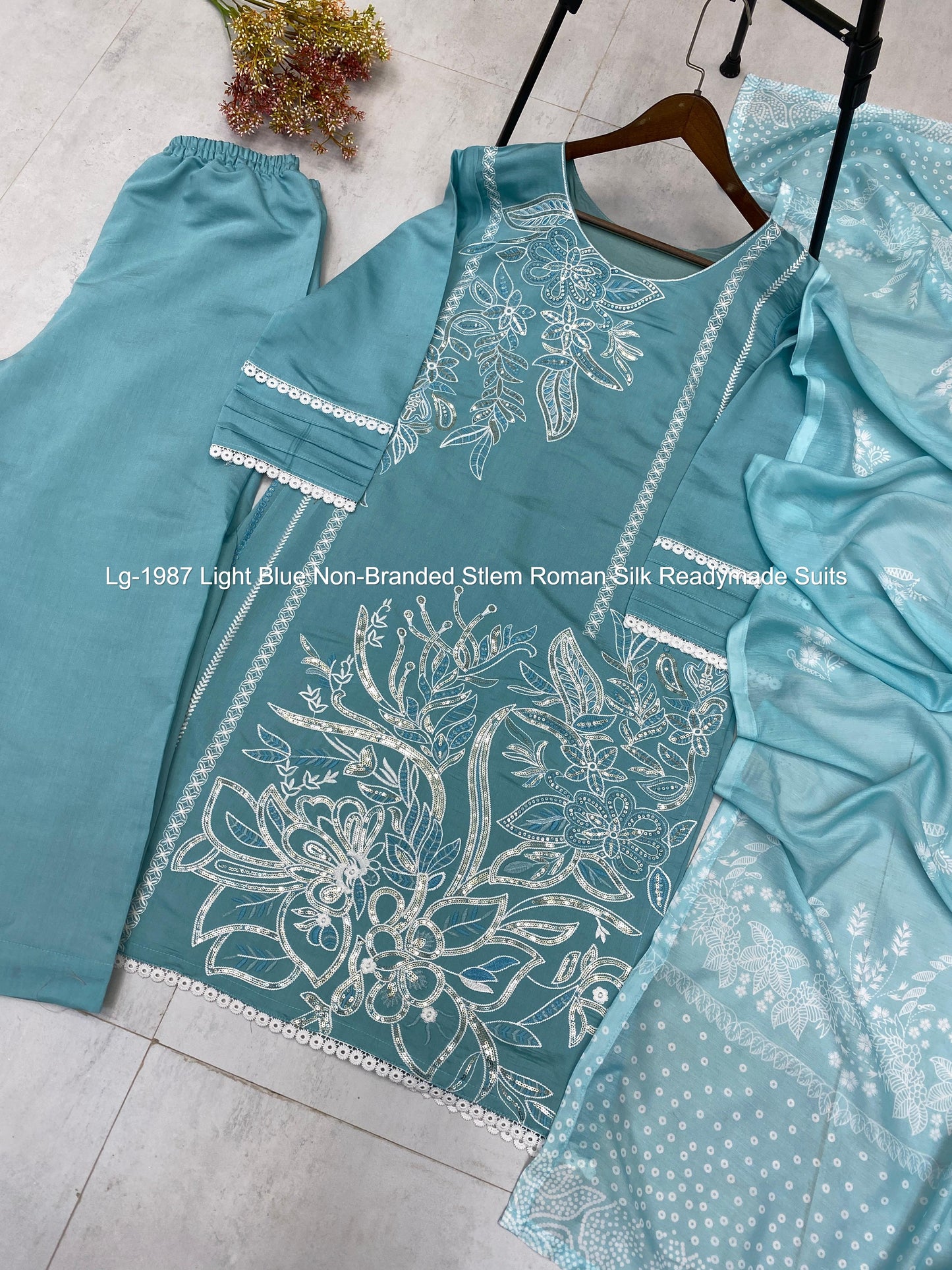 Lg-1987 Light Blue Non-Branded Stlem Roman Silk Readymade Suits