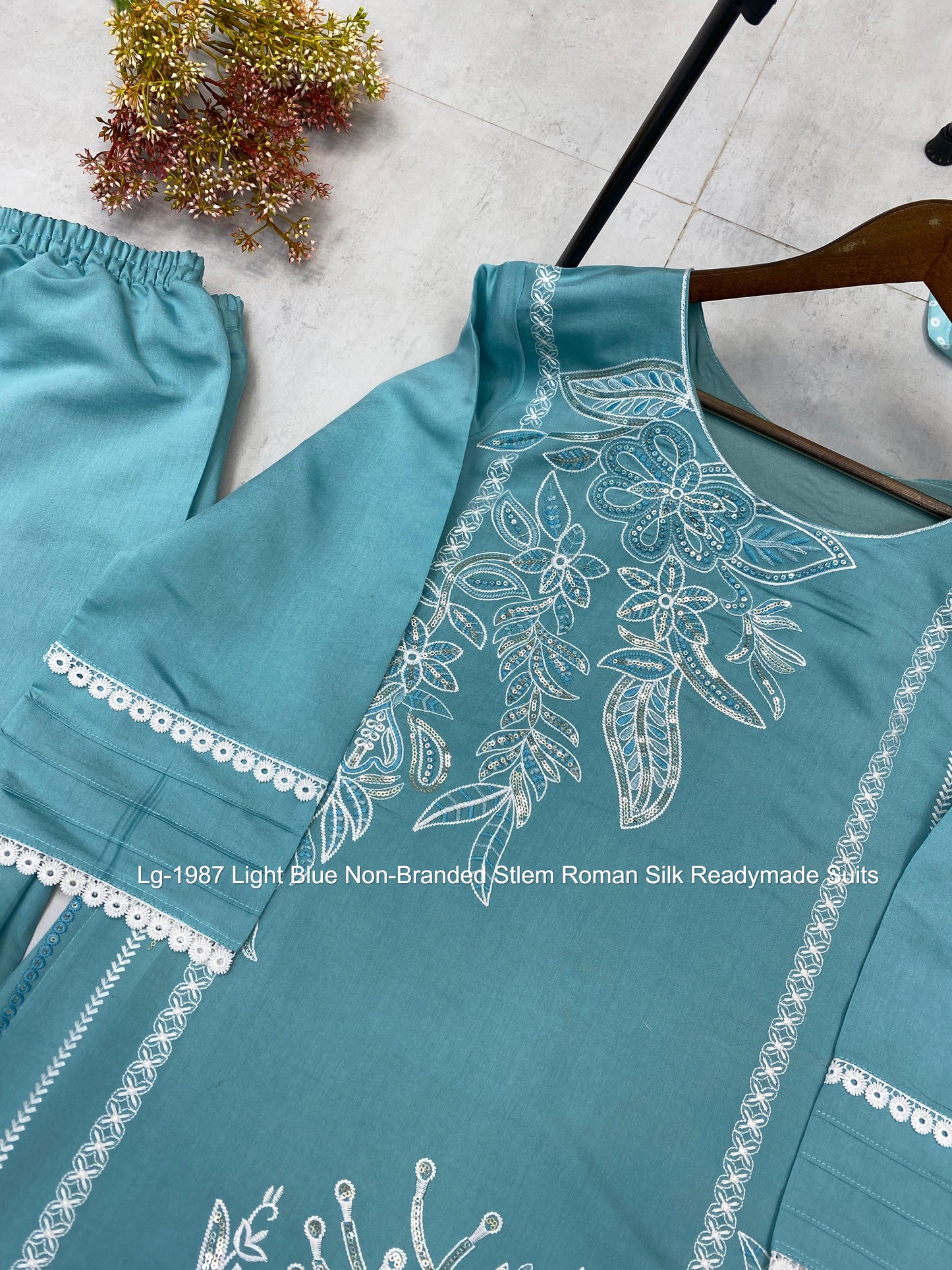 Lg-1987 Light Blue Non-Branded Stlem Roman Silk Readymade Suits