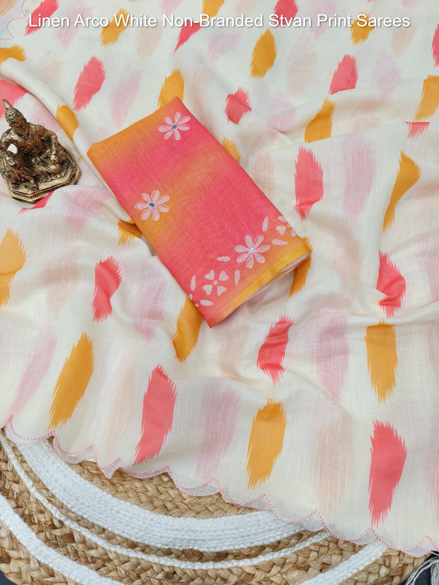 Linen Arco White Non-Branded Stvan Print Sarees