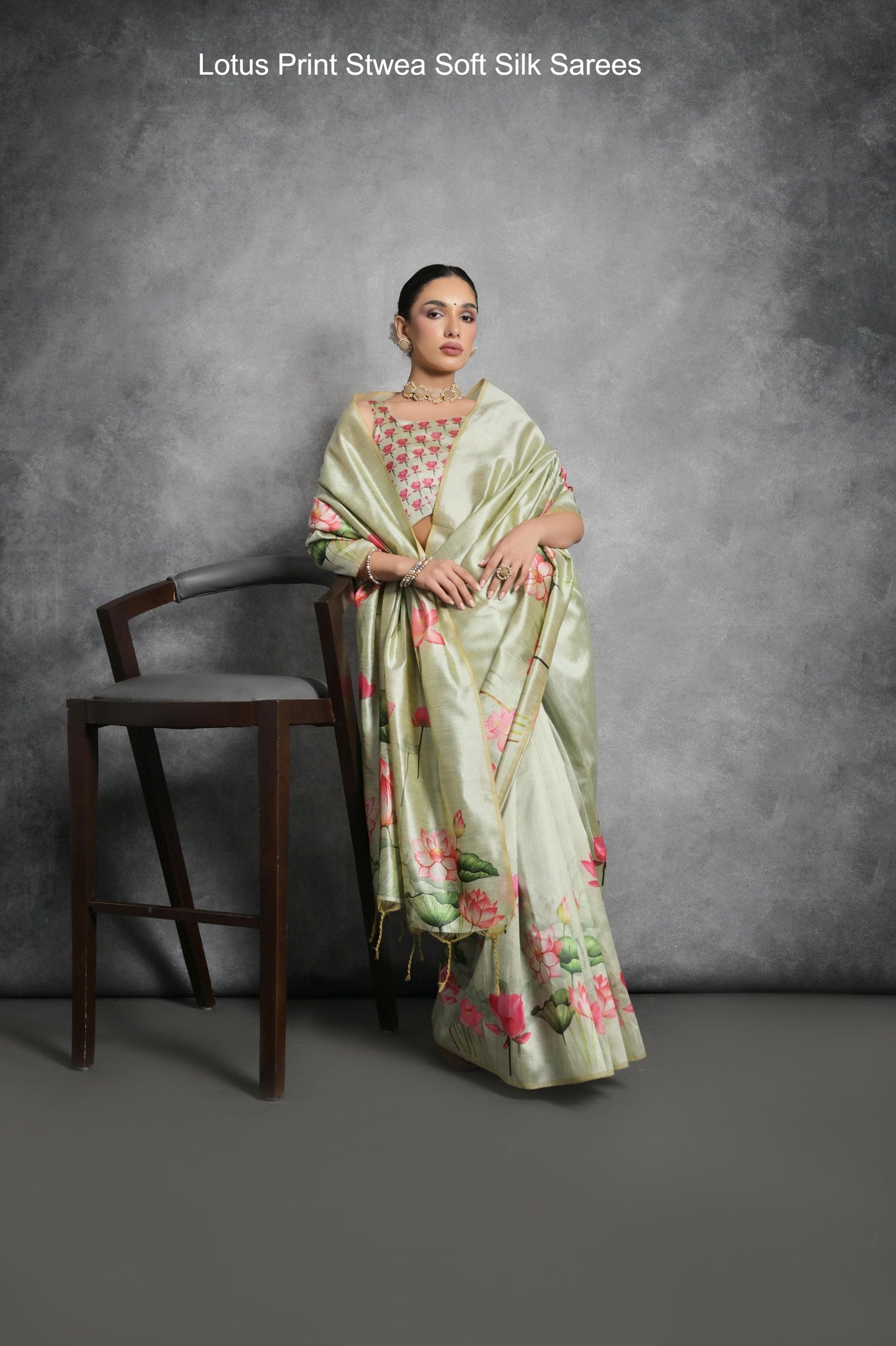 Lotus Print Stwea Soft Silk Sarees