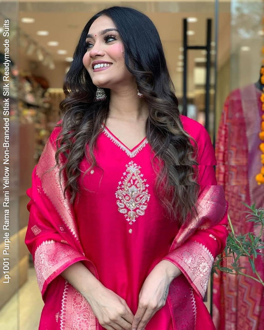 Lp1001 Purple Rama Rani Yellow Non-Branded Stlak Silk Readymade Suits