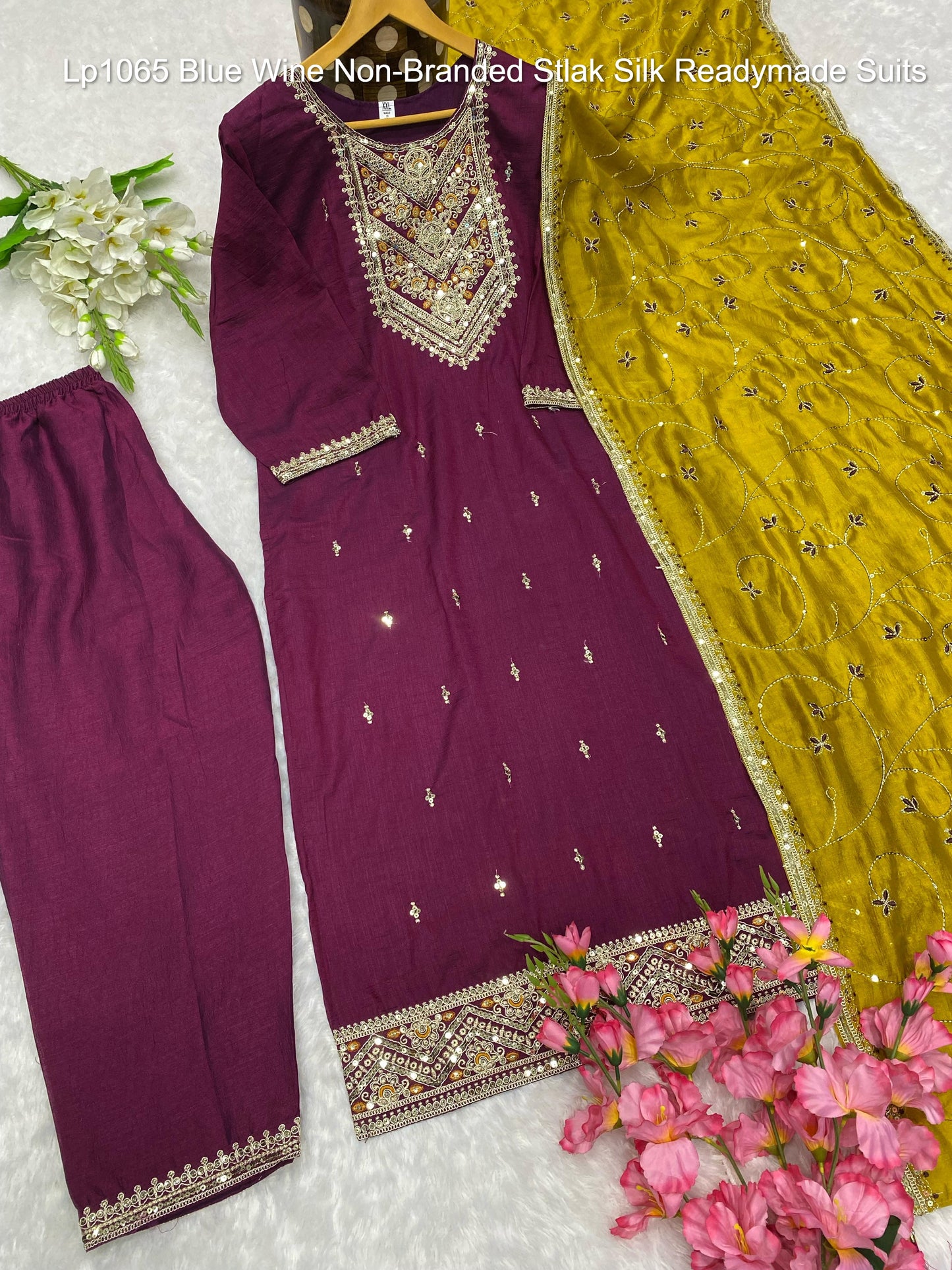 Lp1065 Blue Wine Non-Branded Stlak Silk Readymade Suits