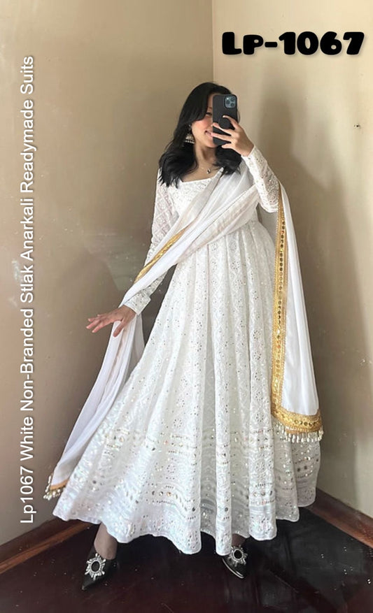 Lp1067 White Non-Branded Stlak Anarkali Readymade Suits