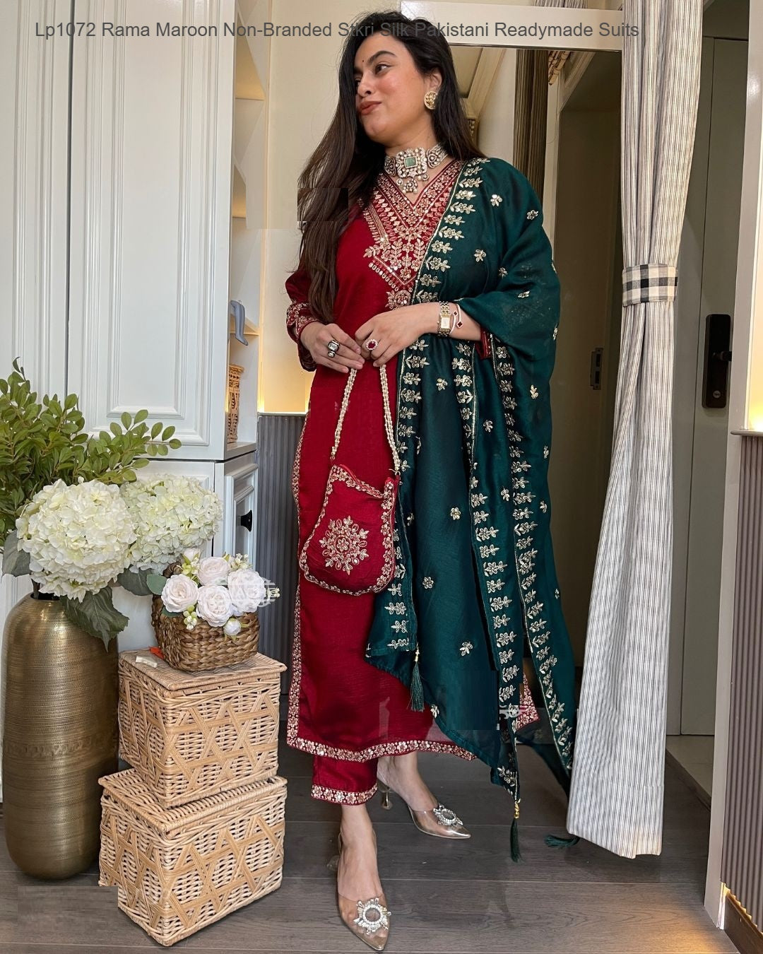 Lp1072 Rama Maroon Non-Branded Stkri Silk Pakistani Readymade Suits