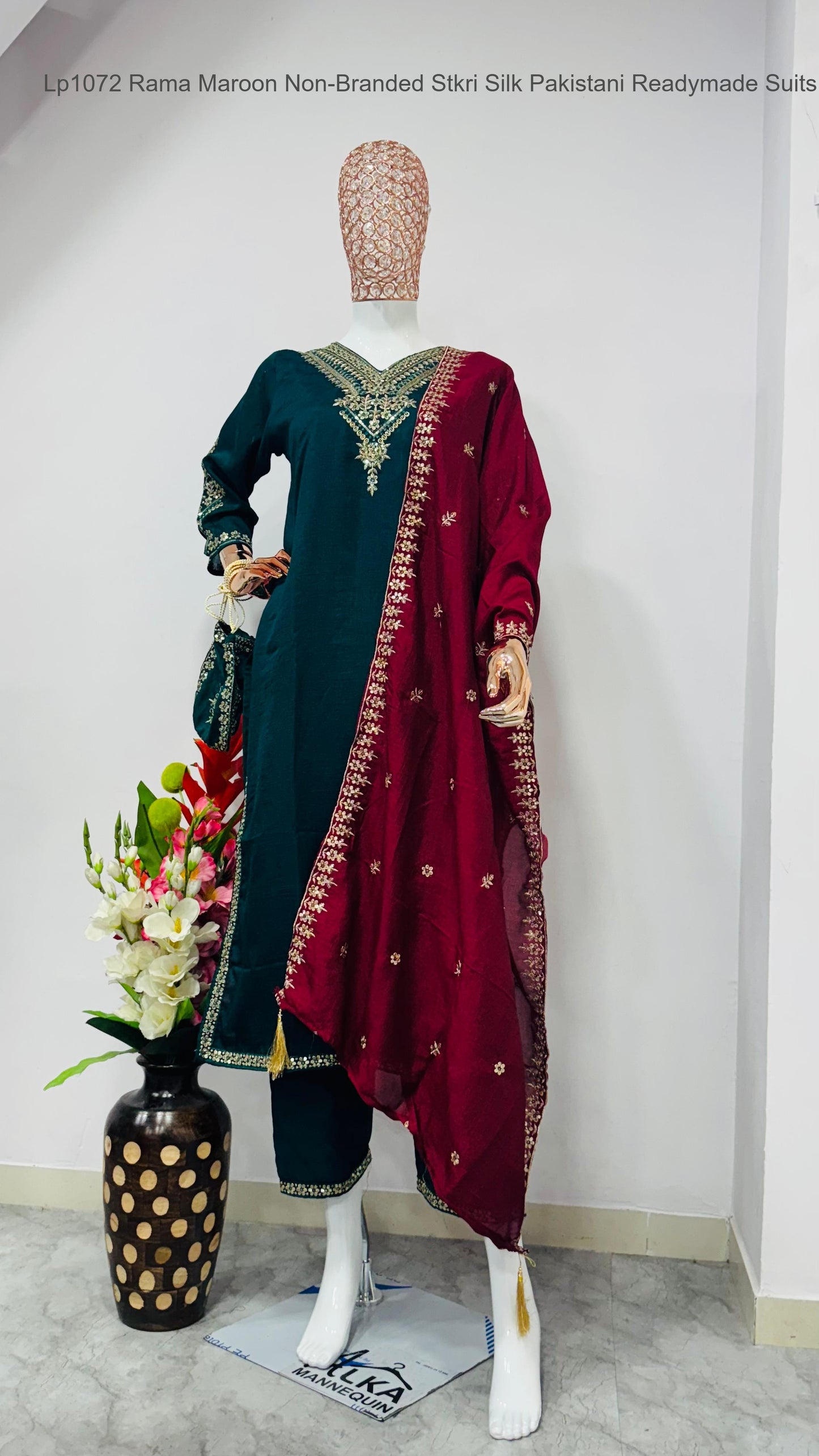 Lp1072 Rama Maroon Non-Branded Stkri Silk Pakistani Readymade Suits