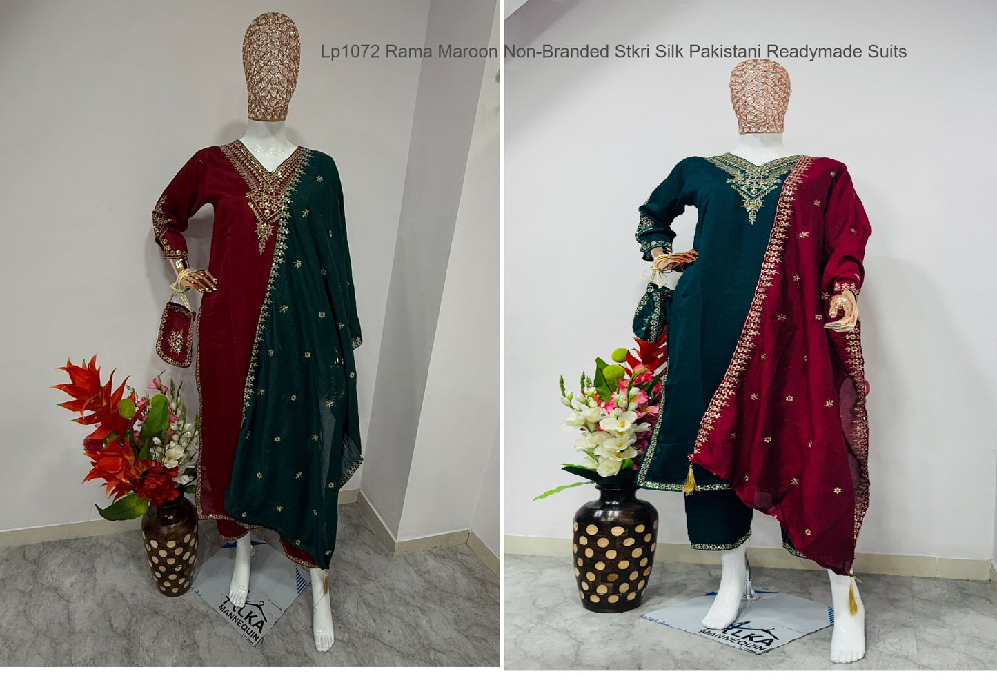 Lp1072 Rama Maroon Non-Branded Stkri Silk Pakistani Readymade Suits