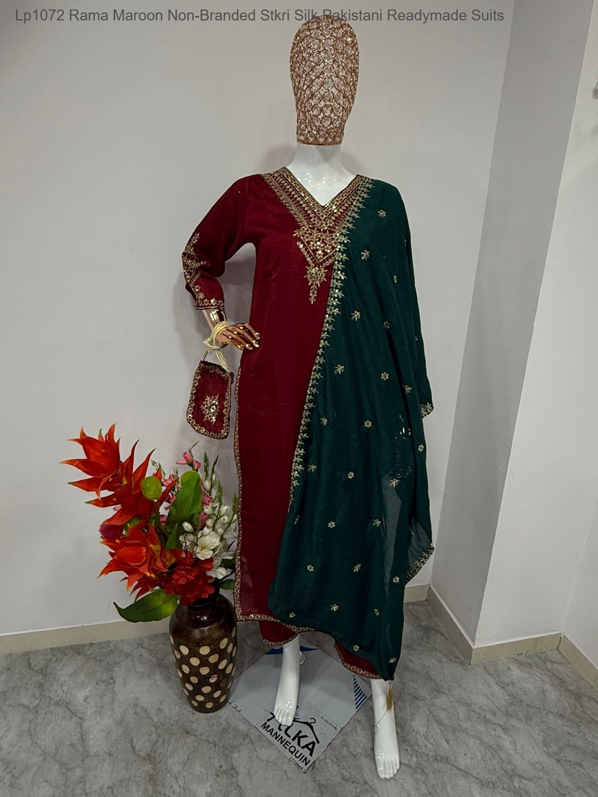 Lp1072 Rama Maroon Non-Branded Stkri Silk Pakistani Readymade Suits