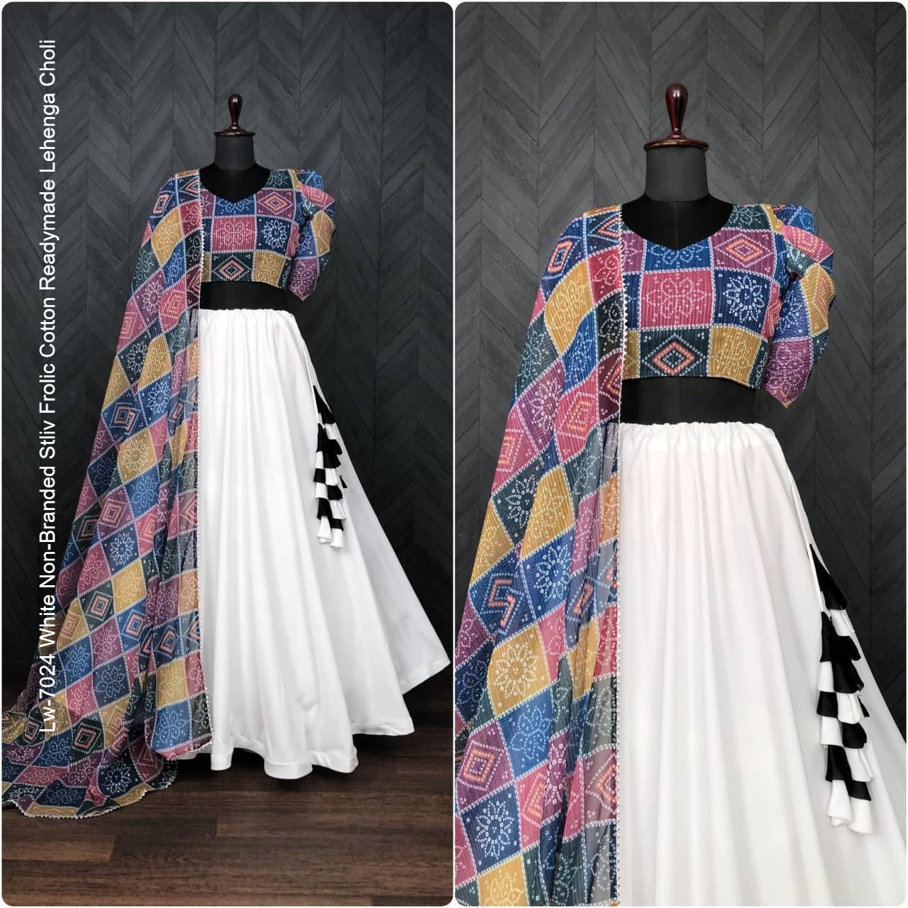 Lw-7024 White Non-Branded Stliv Frolic Cotton Readymade Lehenga Choli