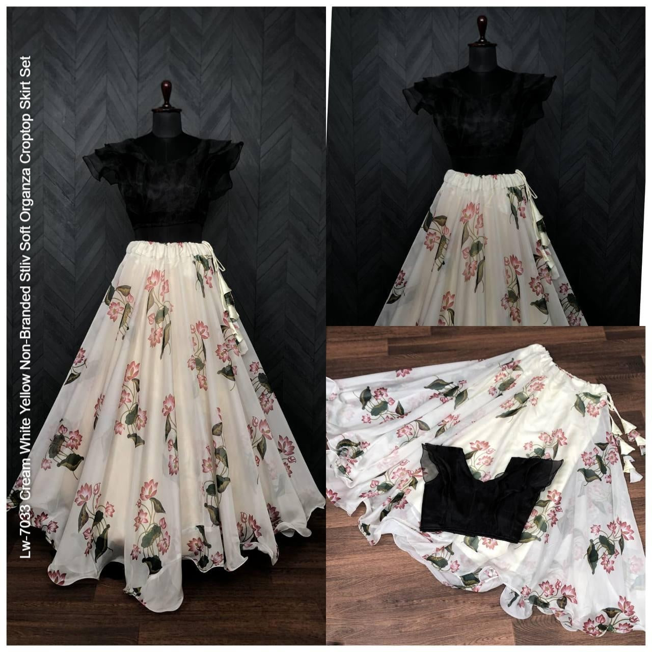 Lw-7033 Cream White Yellow Non-Branded Stliv Soft Organza Croptop Skirt Set