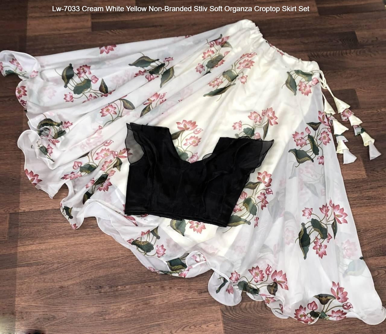 Lw-7033 Cream White Yellow Non-Branded Stliv Soft Organza Croptop Skirt Set