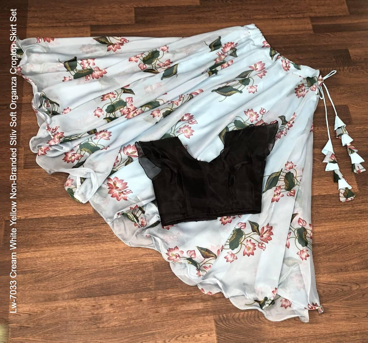 Lw-7033 Cream White Yellow Non-Branded Stliv Soft Organza Croptop Skirt Set