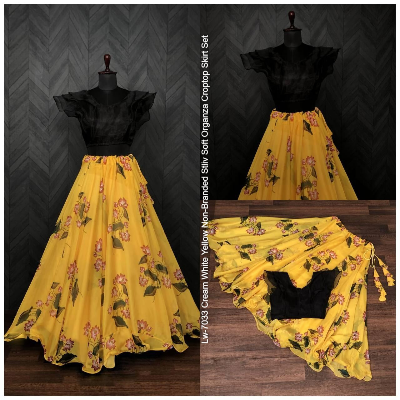 Lw-7033 Cream White Yellow Non-Branded Stliv Soft Organza Croptop Skirt Set