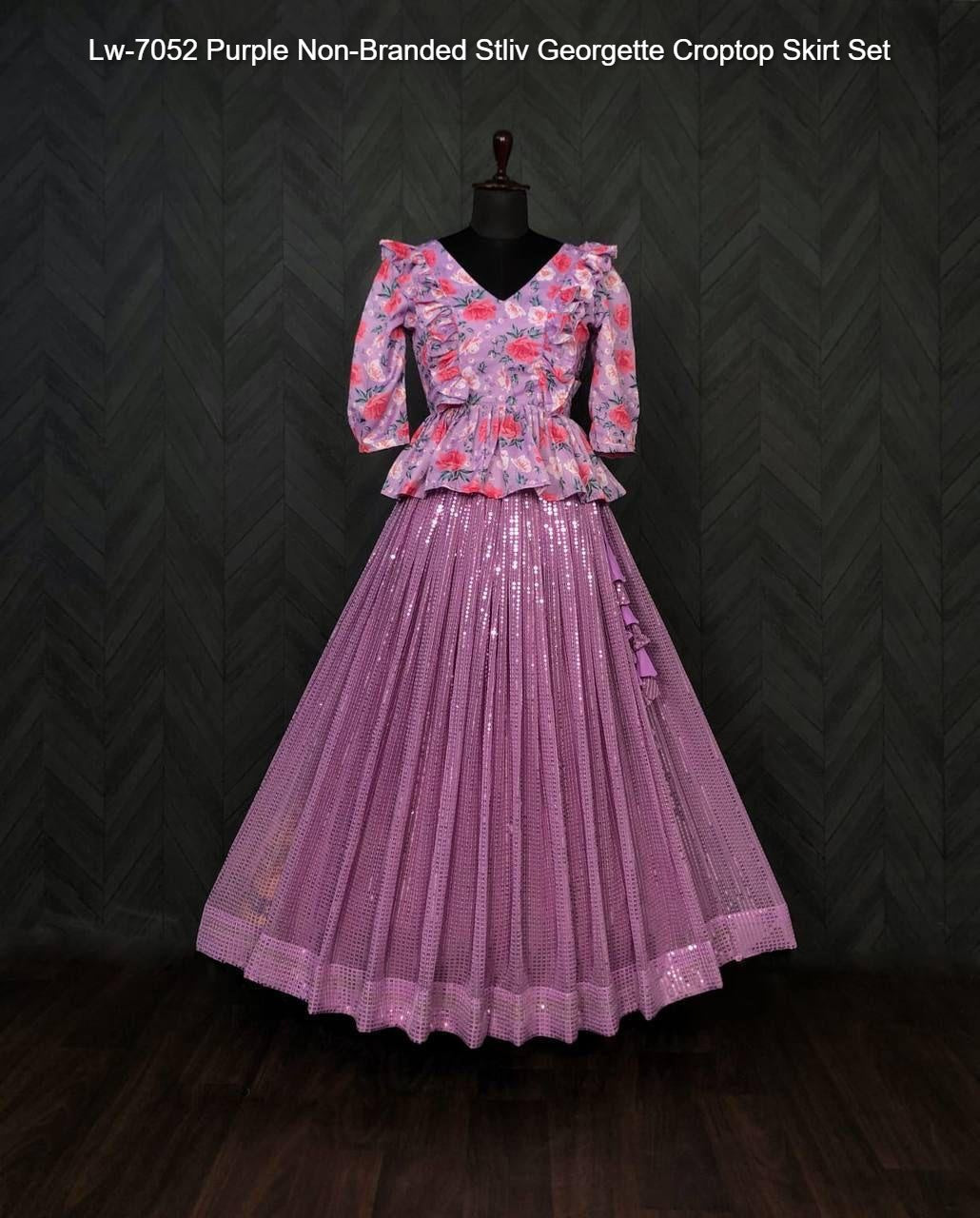 Lw-7052 Purple Non-Branded Stliv Georgette Croptop Skirt Set