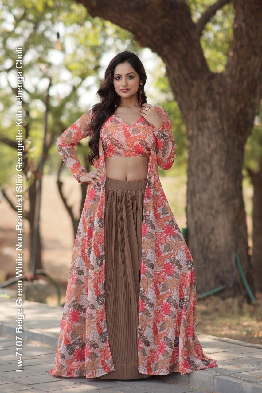 Lw-7107 Beige Green White Non-Branded Stliv Georgette Koti Lehenga Choli
