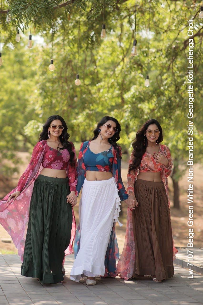 Lw-7107 Beige Green White Non-Branded Stliv Georgette Koti Lehenga Choli