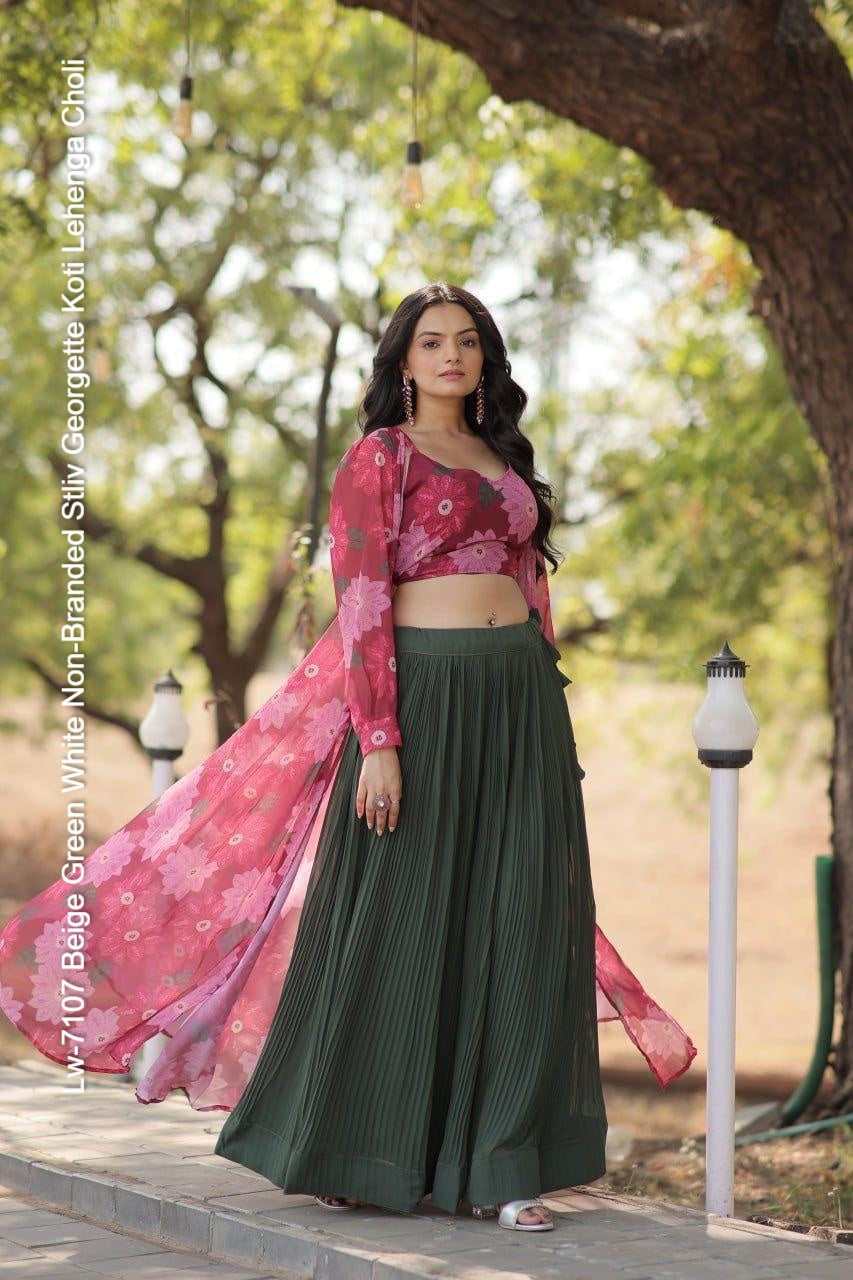 Lw-7107 Beige Green White Non-Branded Stliv Georgette Koti Lehenga Choli