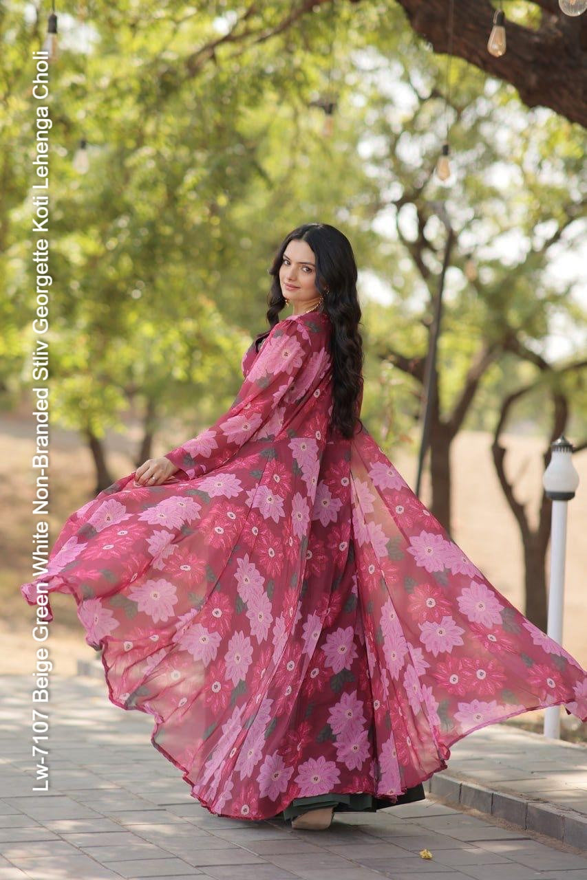 Lw-7107 Beige Green White Non-Branded Stliv Georgette Koti Lehenga Choli